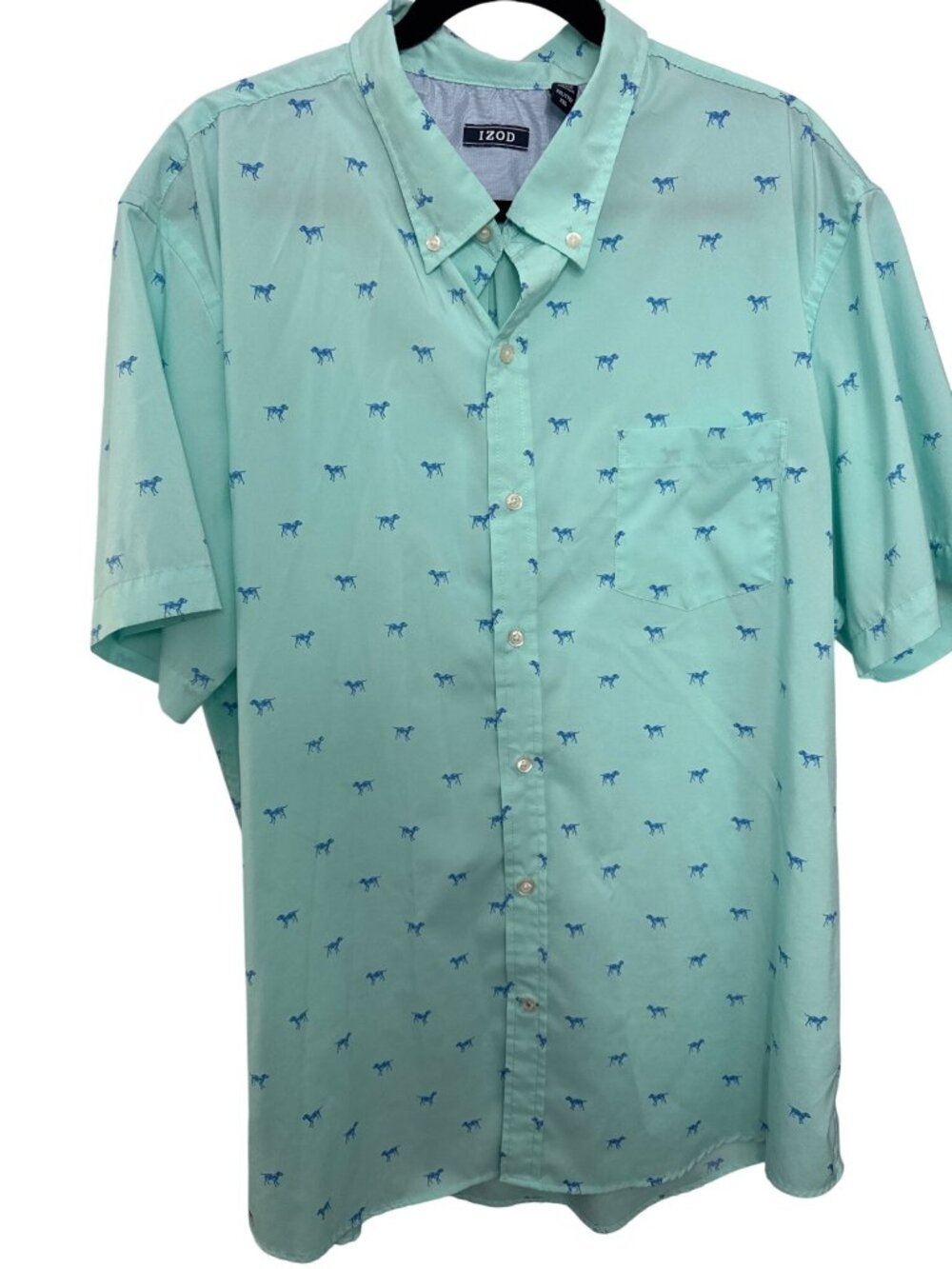 Izod Mens Button-Down Shirt XXL/TTG/XXG Light Green With Blue Dog Print Short Sl